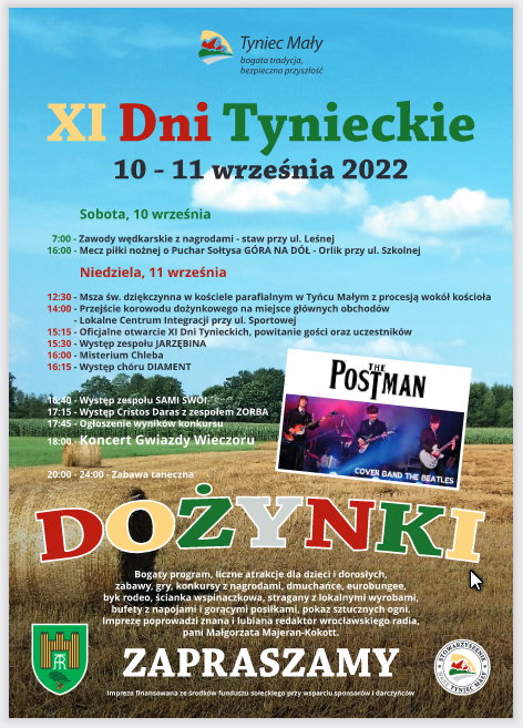 Plakat dożynek w Tyńcu Małym - 10 i 11 września 2022r