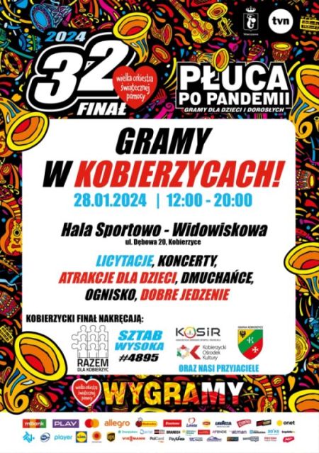 Plakat o kobierzyckim finale 32 edycji Wielkiej Orkiestry Świątecznej Pomocy