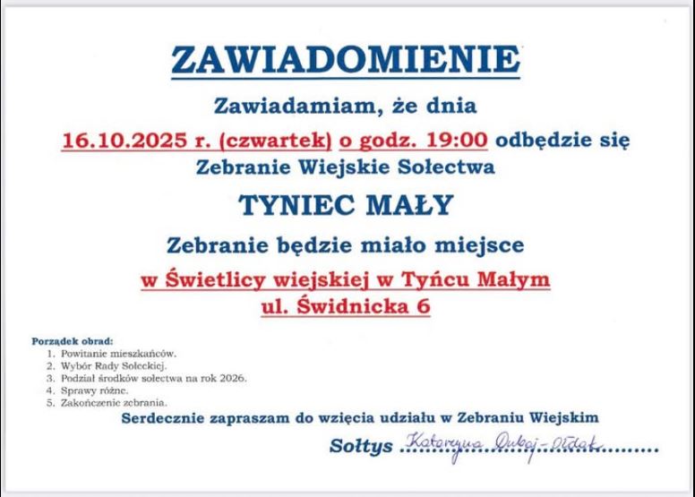 Ogłoszenie o Zebraniu wiejskim w Tyńcu Małym