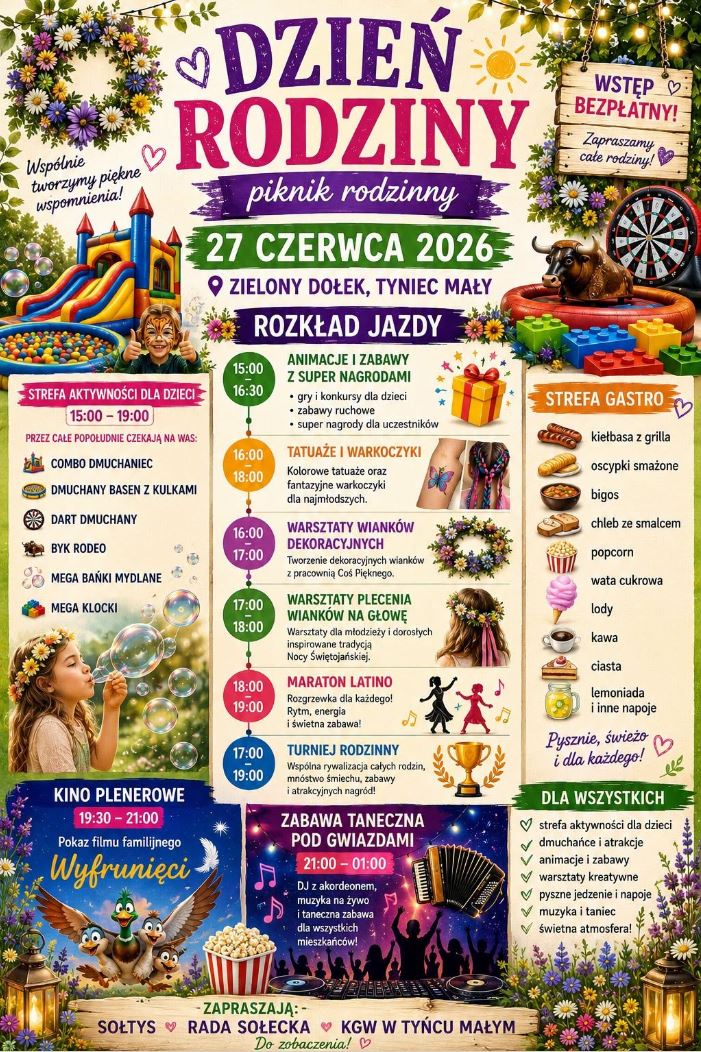 Grafika z ogłoszeniem o Pikniku rodzinnym w Tyńcu Małym