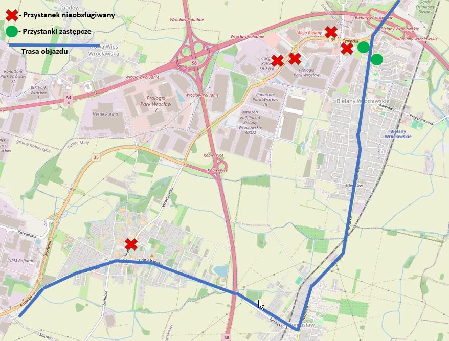 Trasa objazdów autobusów 512, 522, 532