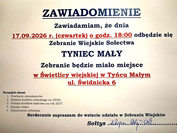 Grafika z informacją o Zebraniu Wiejskim w Tyńcu Małym